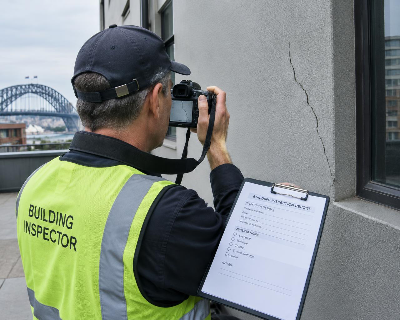 Inspector photographing a wall crack while recording observations